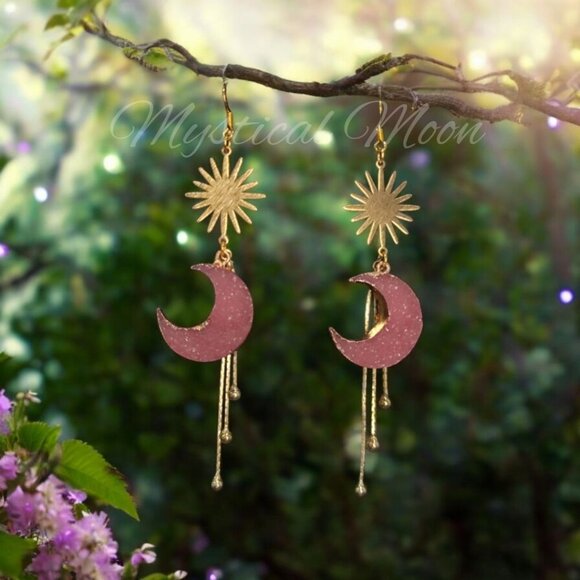 Whimsical Dangle Tassel Earrings with Celestial Druzy Pink Crescent Moon Star - Picture 1 of 4